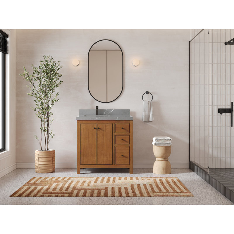 Meuble-lavabo simple 36 po avec plateau Chicago Teak, Gris Piatra