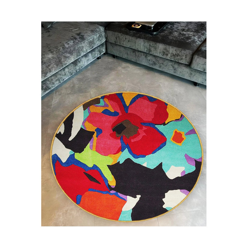 Multicolored Abstract Flowers Detailed Woven Base Modern Decorative Carpet, Round 4'