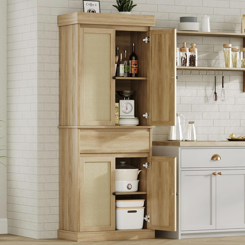 Armoire de cuisine, armoire de rangement haute avec portes en rotin et tablettes réglables, armoire autoportante avec tiroir pour salle de bain