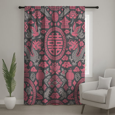Rideaux de fenêtre rose à motif asiatique, voilages et rideaux occultant - 1 panneau