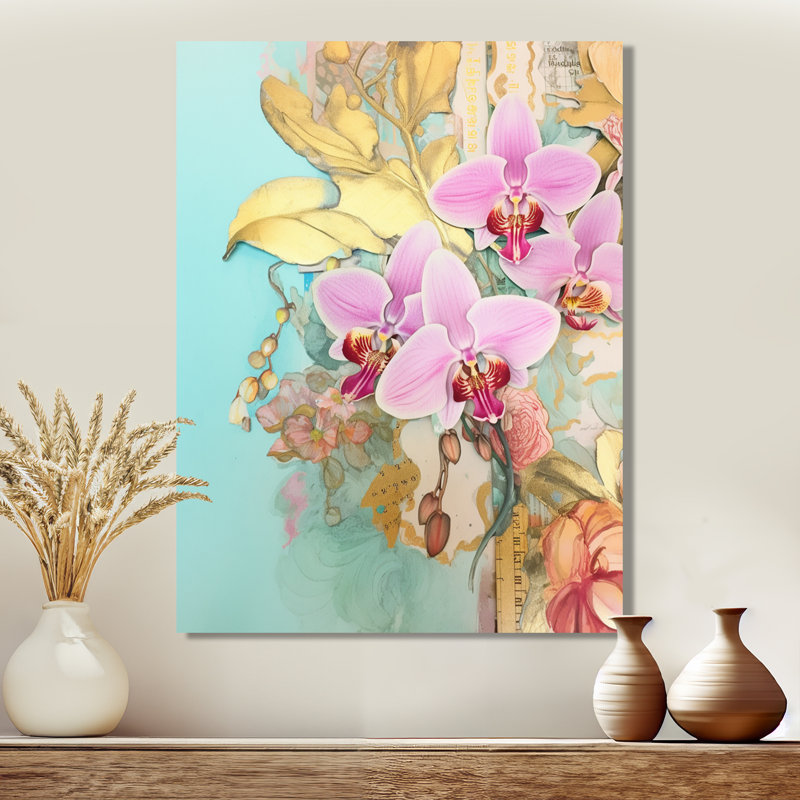 Orchidées roses, délicatesse dorée, bleu rétro - orchidée murale, salon, Toile tendue, H 32 po x l 16 po