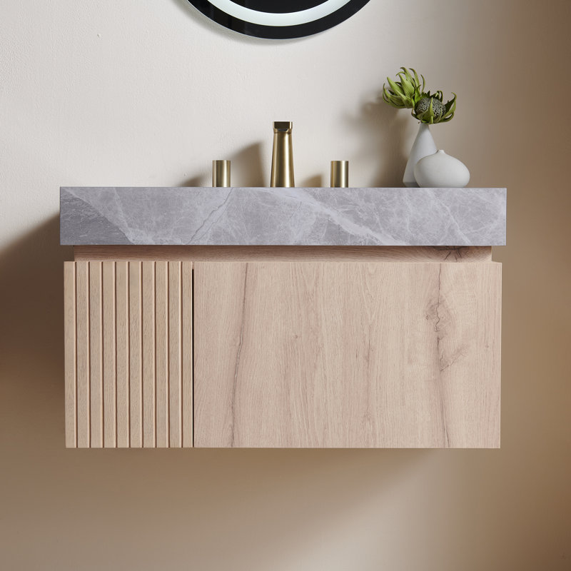 Meuble-lavabo mural 48 po avec comptoir en pierre frittée et vasque en céramique encastrée Muri, Chêne blanc, 48", Beige