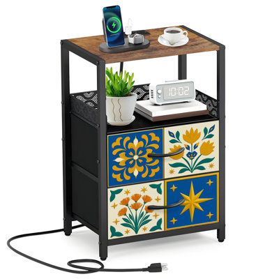 Table de chevet 2 tiroirs en tissu avec station de charge Floral Star
