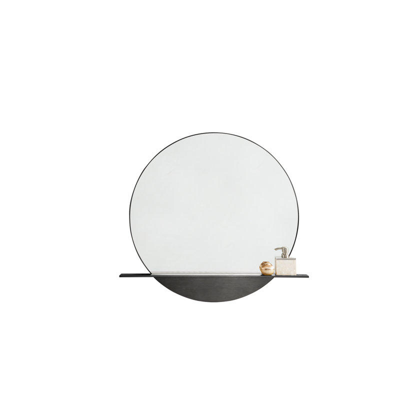Platform Kiln Dried Hardwood Round Wall Mirror with Shelves, Modern Iron