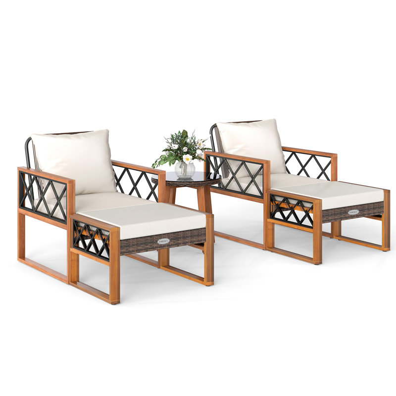 Ensemble de conversation en rotin 5 pièces avec chaises en bois d'acacia et repose-pieds d'extérieur brun