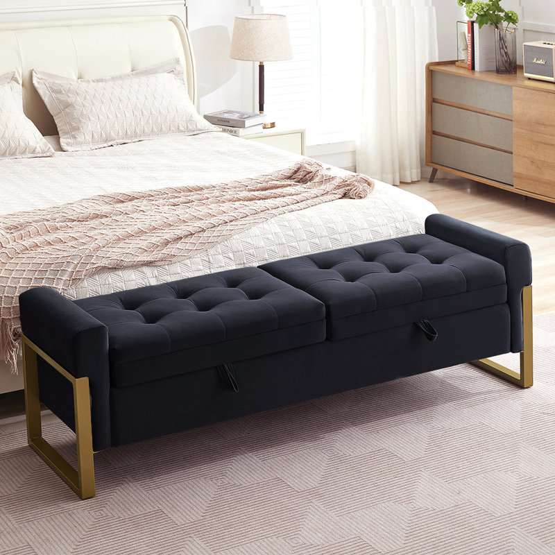 Drewes 66'' W Upholstered Storage Bench for Bedroom End of Bed King Size with Button-Tufted and Metal Gold Legs, Gray