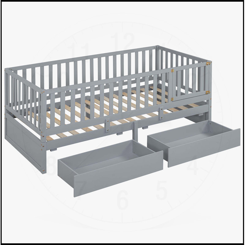 Wooden Daybed with Fence Guardrails and 2 Drawers, Versatile Split Design for Safe and Comfortable Sleep, Gray, Twin