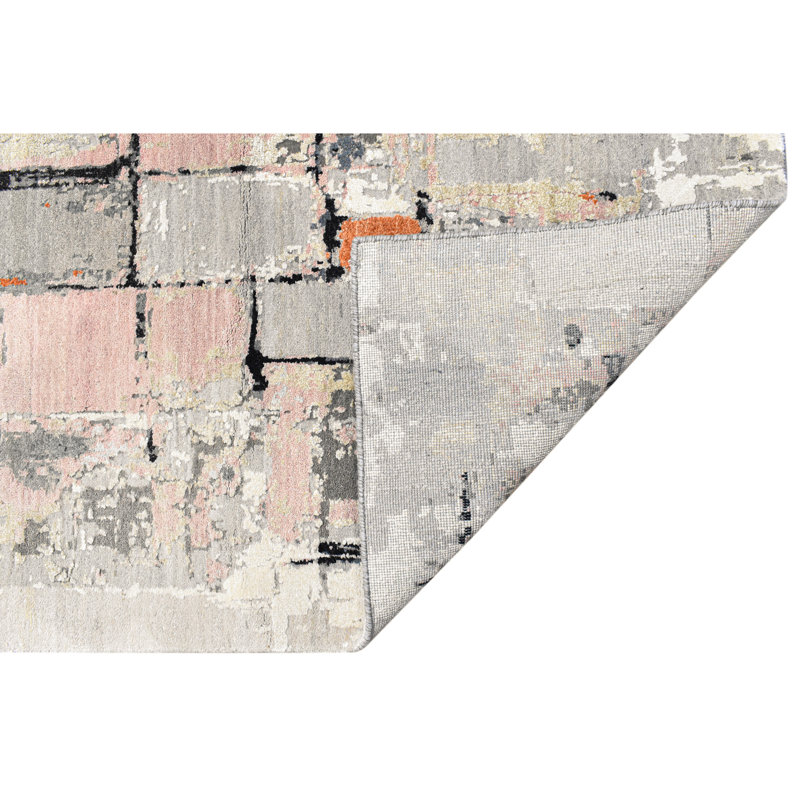 Hand Knotted Abstract Area Rug in Beige/Black/Gray/Pink, Rectangle 8' x 10'