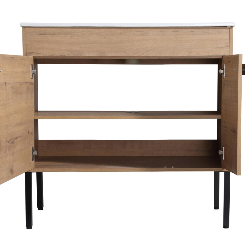 36'' Bathroom Vanity With White Ceramic Sink & 2 Soft-Close Cabinet Doors, Freestanding or Floating is Optional, Oak
