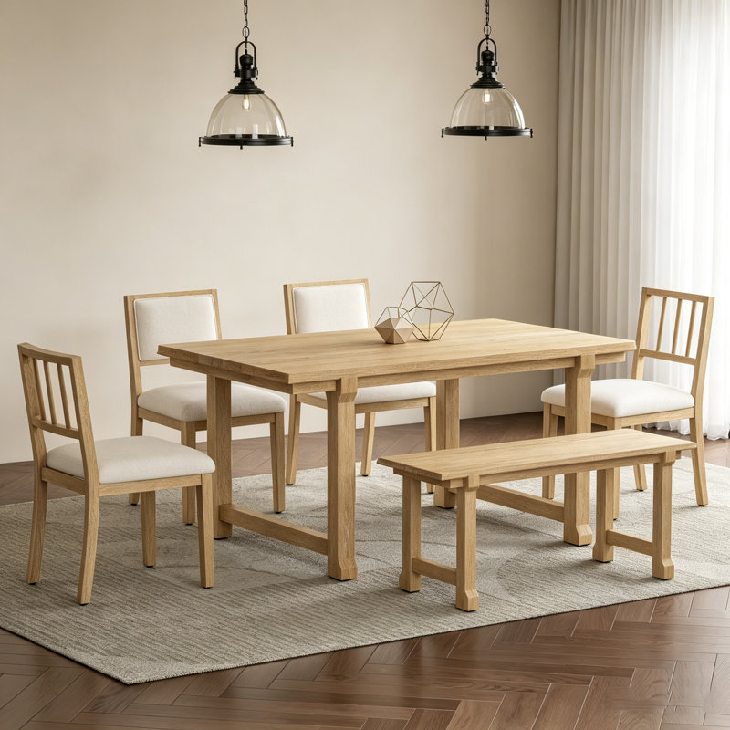 Ensemble de salle à manger de ferme 6 pièces avec structure en bois massif et chaises ergonomiques à double style (bois naturel délavé et beige)