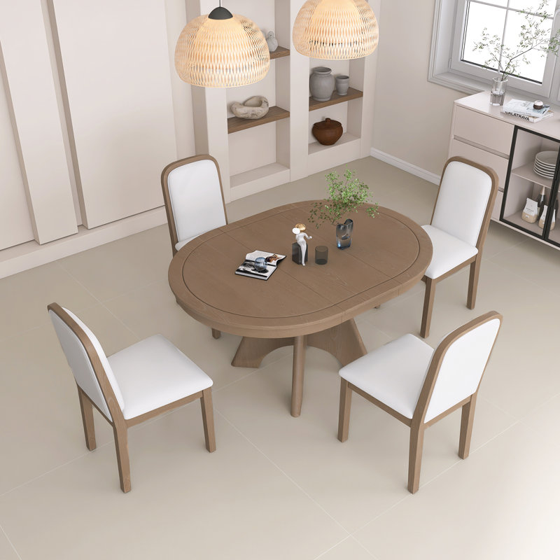 Ensemble de table de salle à manger extensible 5 pièces pour 4 à 6 personnes, avec 4 chaises ergonomiques rembourrées, table de cuisine ronde de 42 à 58 pouces avec une rallonge dissimulée de 16 po, finition vieillie, assemblage facile