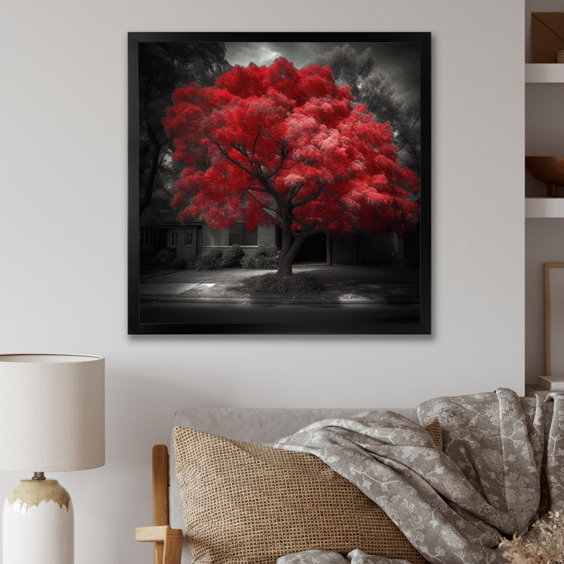 Red Tree Blossom Haven II - art mural floral pour salon, Cadre simple noir, H 16 po x l 16 po x P 1 po