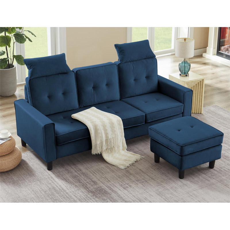 Canapé réversible avec repose-pieds Nikiforos, Velours bleu