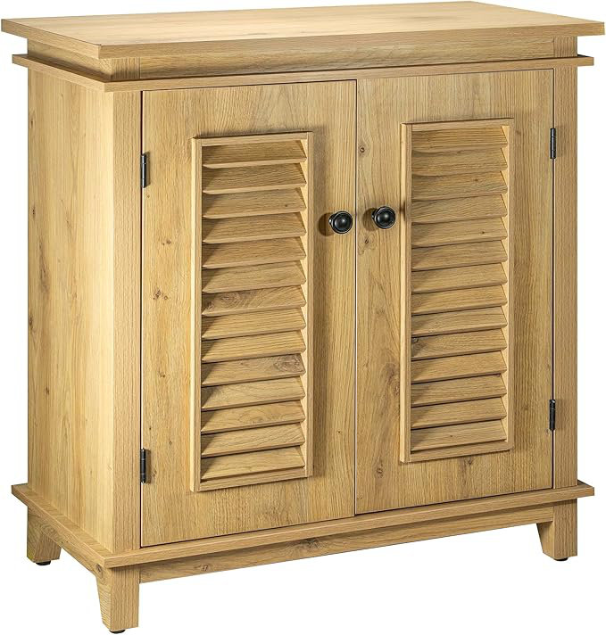 Armoire de rangement de salle de bain moderne Mid-Century, portes à persiennes, Naturel
