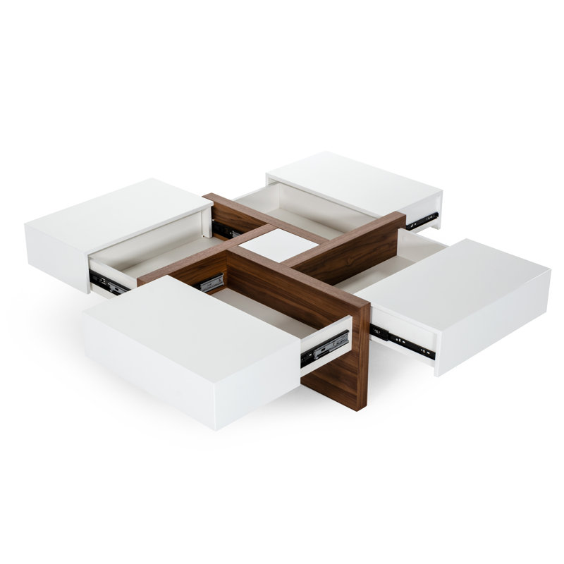 White and Walnut Square Wood Coffee Table with Storage