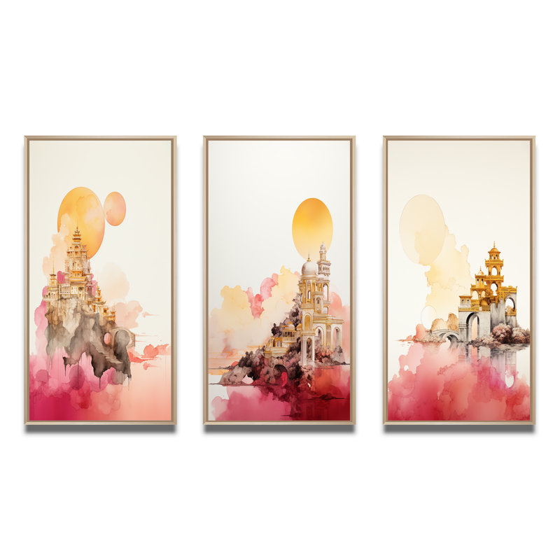 «Ancienne ville de rêves rétro rose et or III», 3 pièces sur toile, Cadre naturel flottant, H 32 po x l 48 po