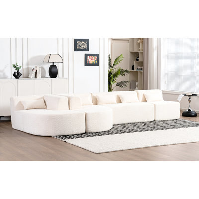 Beige 144 po avec méridiennes et coussins de dossier - À combiner, tissu bouclé doux, ressorts ensachés pour le salon à l'ombre Combinez deux cinq coussins, tissu haut, ferme