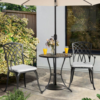 Pacha 5-Piece Outdoor Patio Bistro Set, Round 24 Inch Cast Aluminum  Table with 1.97" Umbrella Hole and 2 Cast Aluminum Chairs  for Backyard, Black and Grey