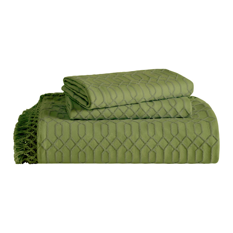 Remi All Season Breathable Jacquard Geometric Fringe Cotton-Poly Blend Bedspread Set With Shams, Sage