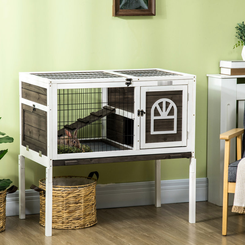 Cage à cochon d'Inde d'intérieur avec cage de couloir, portes verrouillables, plateau d'hygiène amovible, portes surélevées spacieuses pour un accès facile au café, brun