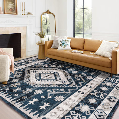 Area Rug 6X9 Vintage Bohemia Large Persian Non-Slip Washable Rug For Living Room Kitchen Bedroom Living Room Geometry Blue/Black