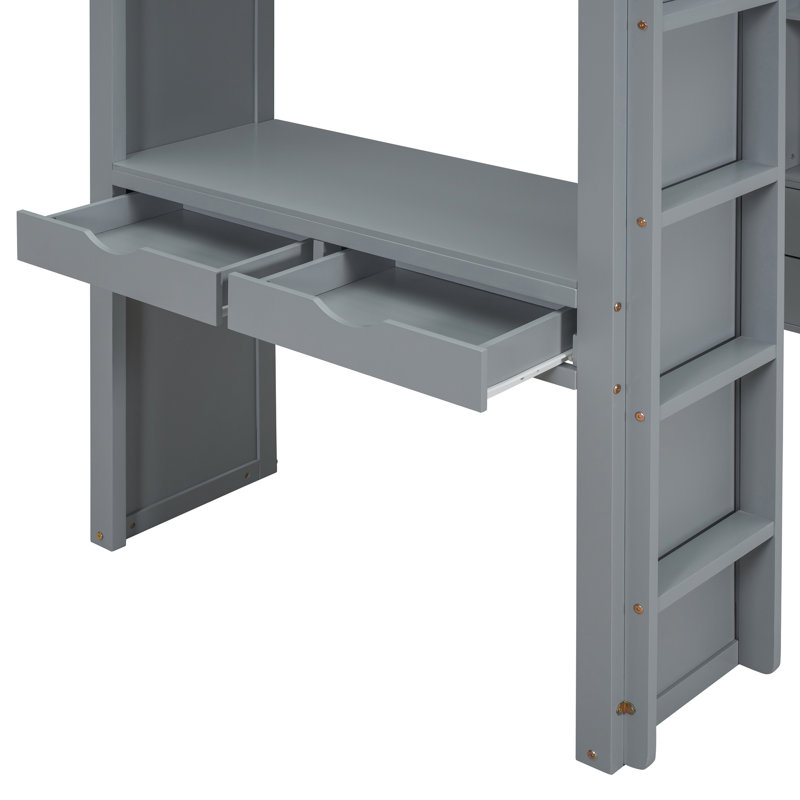 Lit mezzanine simple gris avec tablettes soignées, bureau et bureau DEL intelligemment conçus et lampe