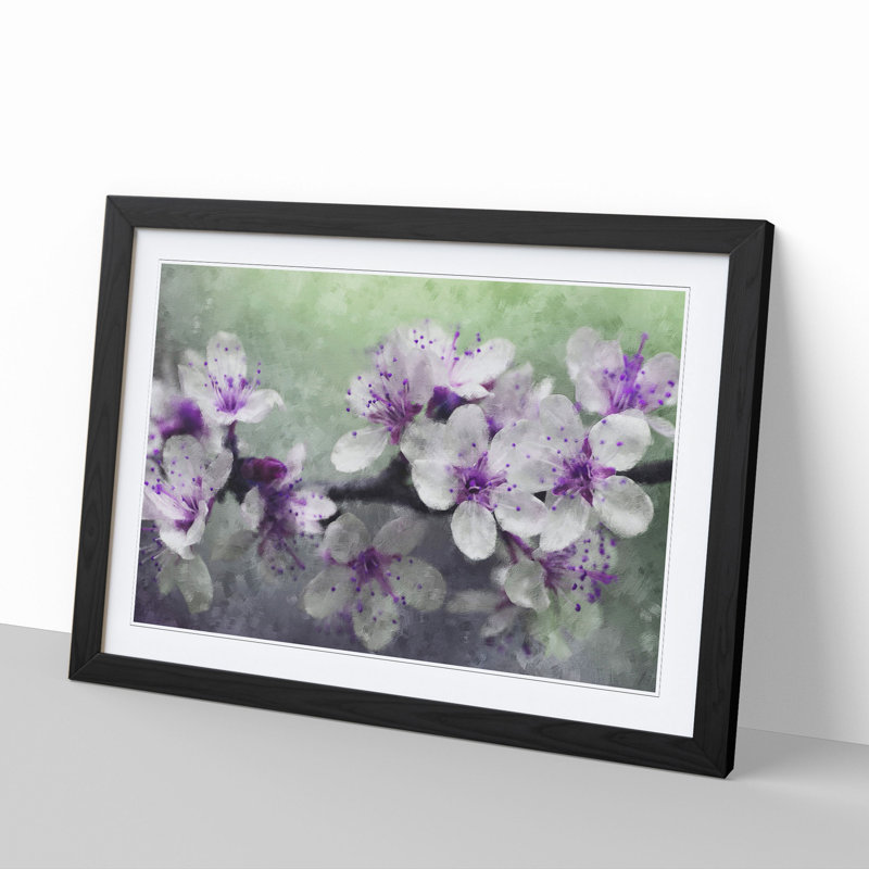White and Purple Blossoms Painting - Picture Frame Graphic Art, 36cm H x 48cm W x 2cm D, Black