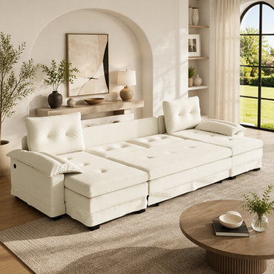 Canapé-lit 109,5 po en forme de U avec lit escamotable, canapé-lit convertible 2 en 1 avec accoudoirs amovibles et ports USB, canapé modulaire surdimensionné avec méridienne pour salon / appartement, beige / blanc