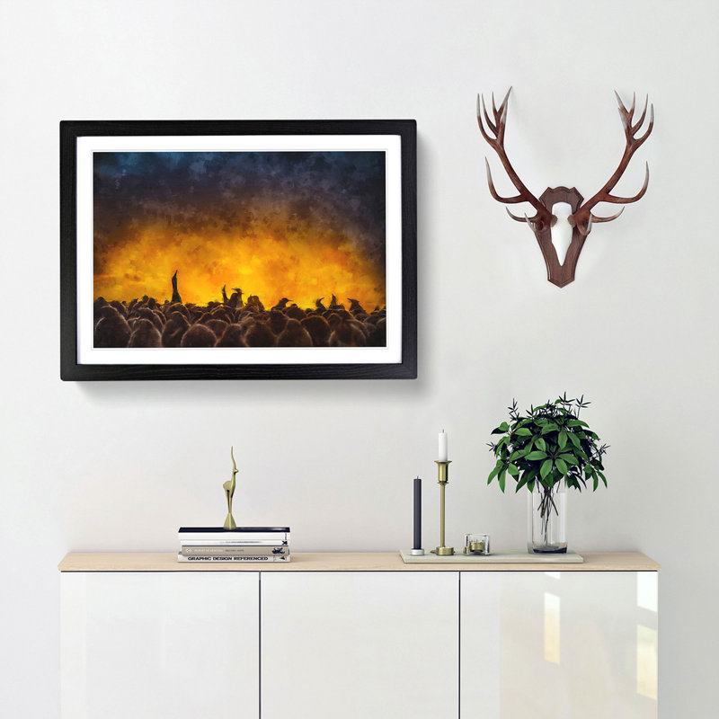 King Penguins and Orange Sunset - Picture Frame Painting Print, 45cm H x 63cm W x 2cm D, Black Framed
