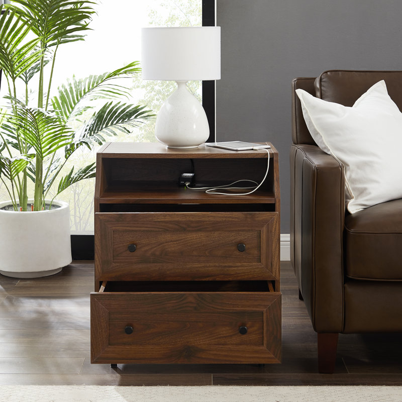 Caidee 2-Drawer Nightstand with Dual USB Port, Dark walnut