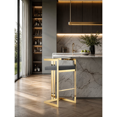     Pangea Home Counter Stool – Modern Counter-Height Upholstered Velvet Stool with Steel Metal Legs- Dining Room, Bar, Kitchen Island, and Events - Gray and Gold Counter Stool