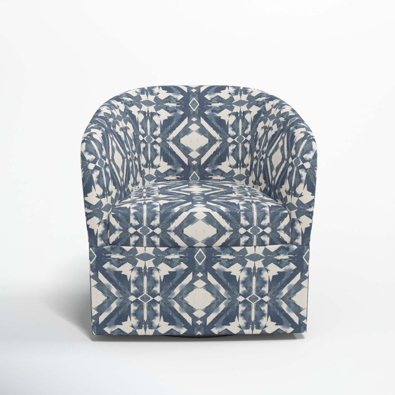 Lesia Upholstered Swivel Barrel Chair, Asha Blue Ikat