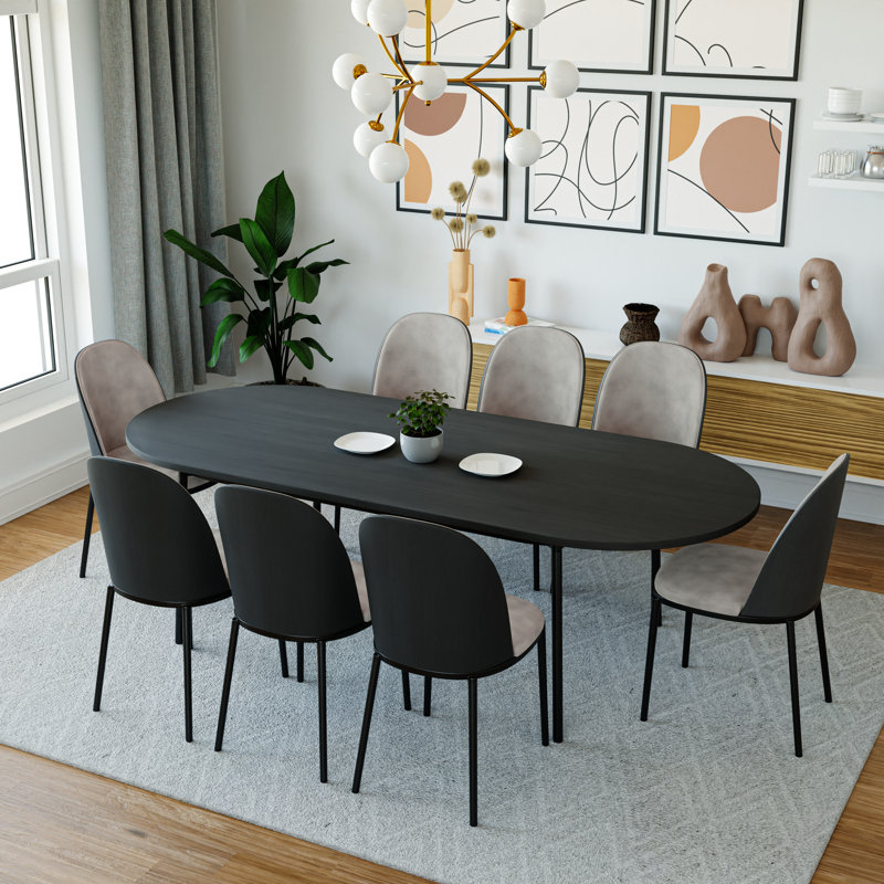 Kelce Dining Set with 8 Upholstered Dining Side Chairs and 83" Oval Dining Table, Black, Black/Charcoal
