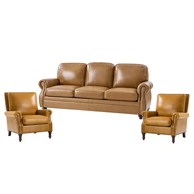 Armonee Traditional 3-Piece Genuine Leather Living Room Set With Nailhead Trim