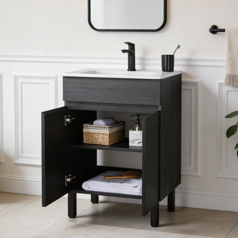 Meuble-lavabo autoportant de 61 cm (24 po) à motif de bois noir avec portes à fermeture amortie