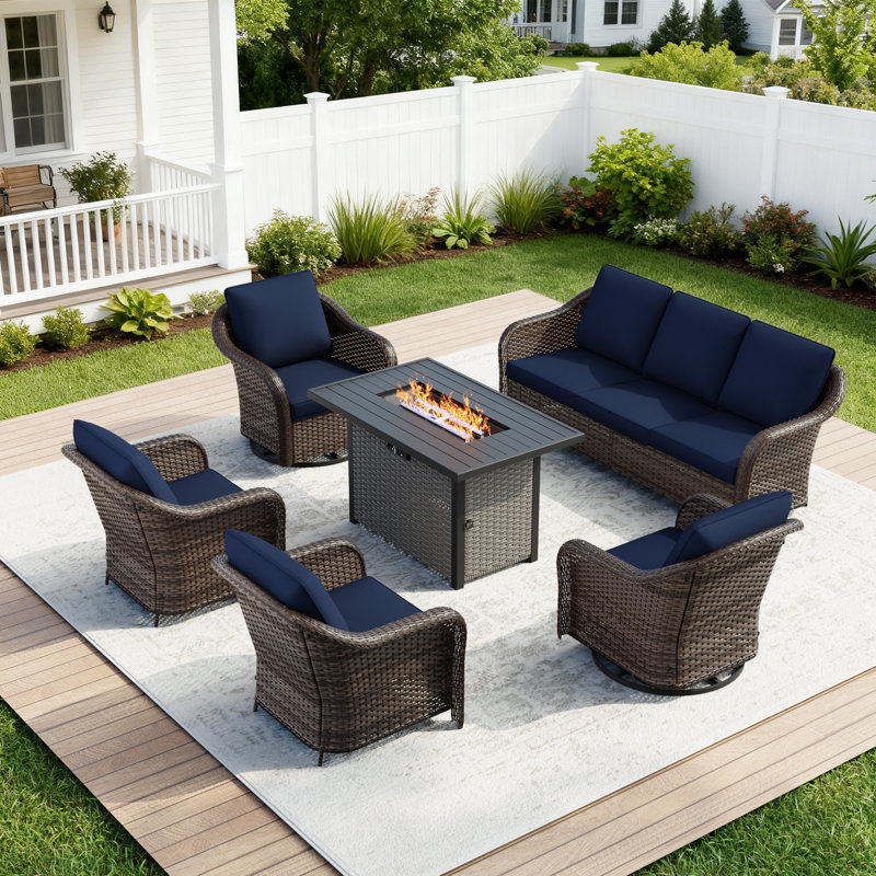 7-Person Outdoor Patio Conversation Rattan Seating Group With Brown 2-In-1 Propane Fire Pit Table and Blue Cushions, Blue