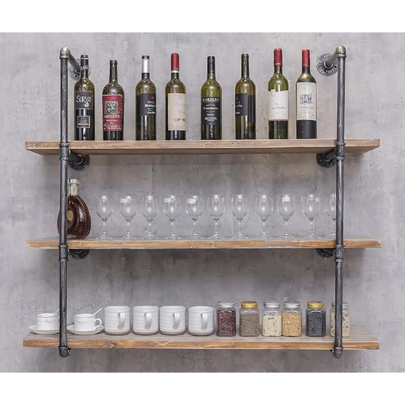 Industrial Black Iron and Wood Wall Mounted Kitchen Shelves