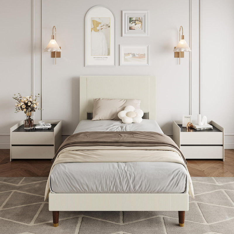 Lit plateforme tapissier très grand avec tête de lit en tissu, antidérapant et silencieux, Très grand lit, Beige