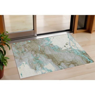 Tapis d'extérieur lavable abstrait bleu sarcelle 3 pi x 5 pi bleu et brun
