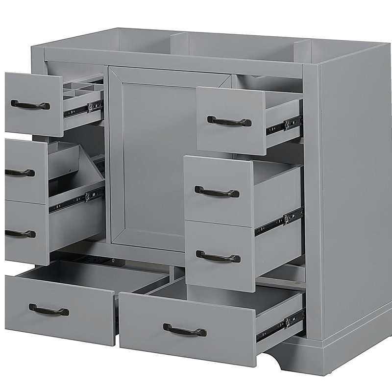 Meuble-lavabo de 36 po sans lavabo, base d'armoire seulement, 6 tiroirs, séparateurs de tiroirs multifonctionnels, tablettes réglables, gris