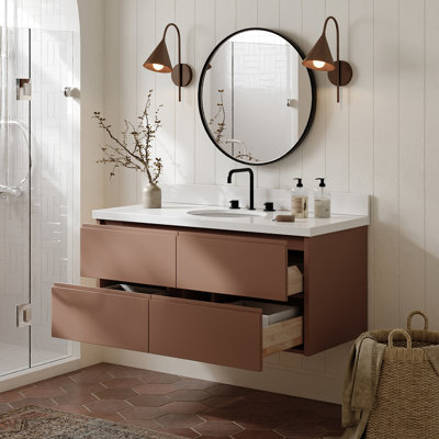   Setsuko 49 Inch Wall-Mounted Single Oval Sink Bathroom Vanity with Pure White Quartz Countertop 1.5 Inch in Mocha