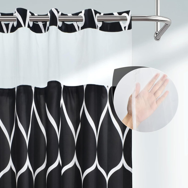 No Hook Shower Curtain With Snap In Fabric Liner Set - Hotel Style With See Through Mesh Top Window - 71X74 INCH, Black