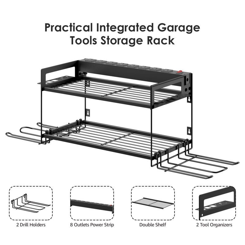 Metal Tool Storage Shelf With Surge Protection Power Strip - Black, Efficient Charging & Organization