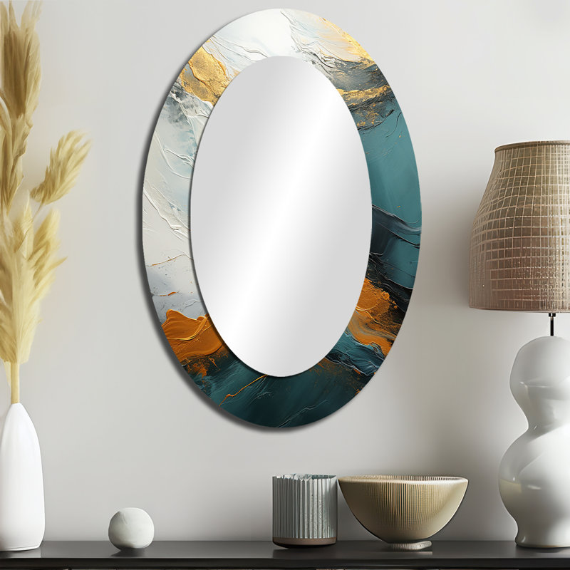 Or et vert abstrait cascade de marbre II - décor de miroir mural ovale doré, H 36 po x l 24 po