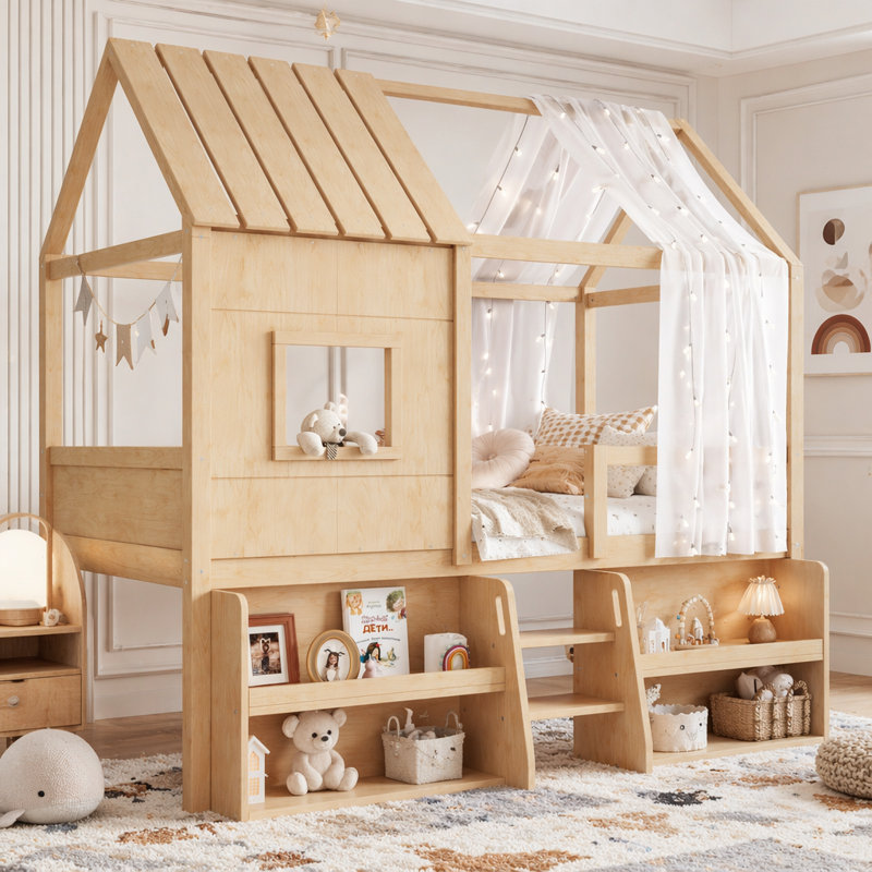 Lit mezzanine simple avec tablettes et escaliers de rangement, Lit simple, Naturel