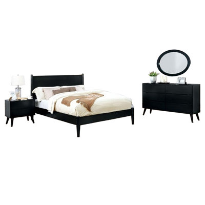 Ensemble de chambre à coucher double 4 pièces Leyla, commode avec miroir ovale, bois noir