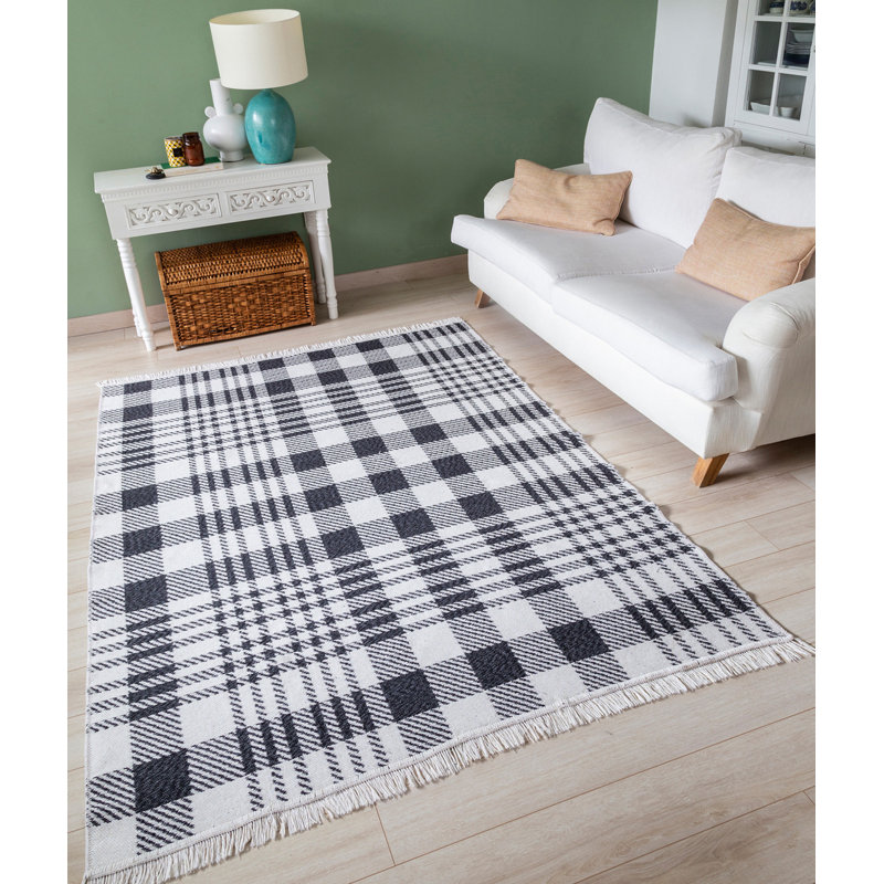 Reversible Woven Carpet, 5.2 x 7.5 Feet, 100% Cotton, White & Black | 1 mm Pile Height, Durable Cotton Sole | Easy to Clean with Vacuum, Perfect for Living Room & Bedroom, Stylish & Functional Design