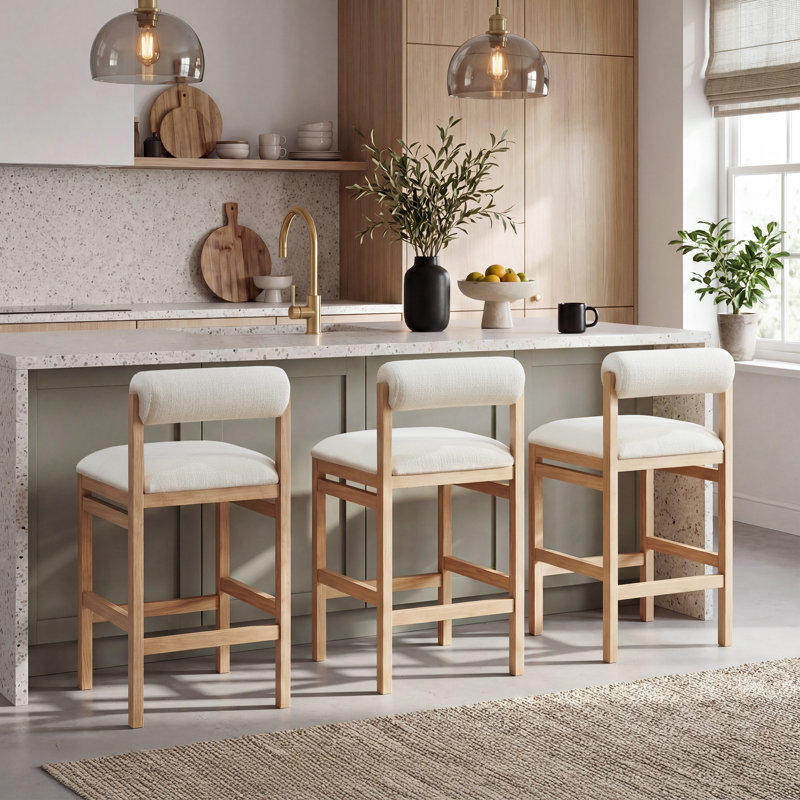 Albia Modern Farmhouse 26.8" H Linen Upholstered Counter Stool with Solid Wood Frame and Cylindrical Back, White