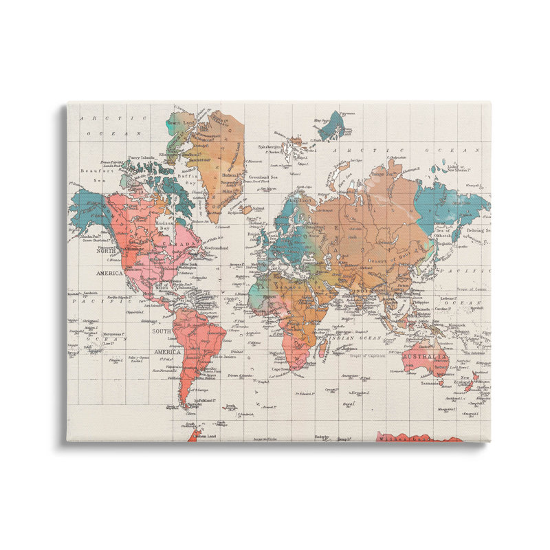 Art mural détaillé sur toile, carte du monde détaillée par Elizabeth Medley, H 16 po x l 20 po x P 1,5 po