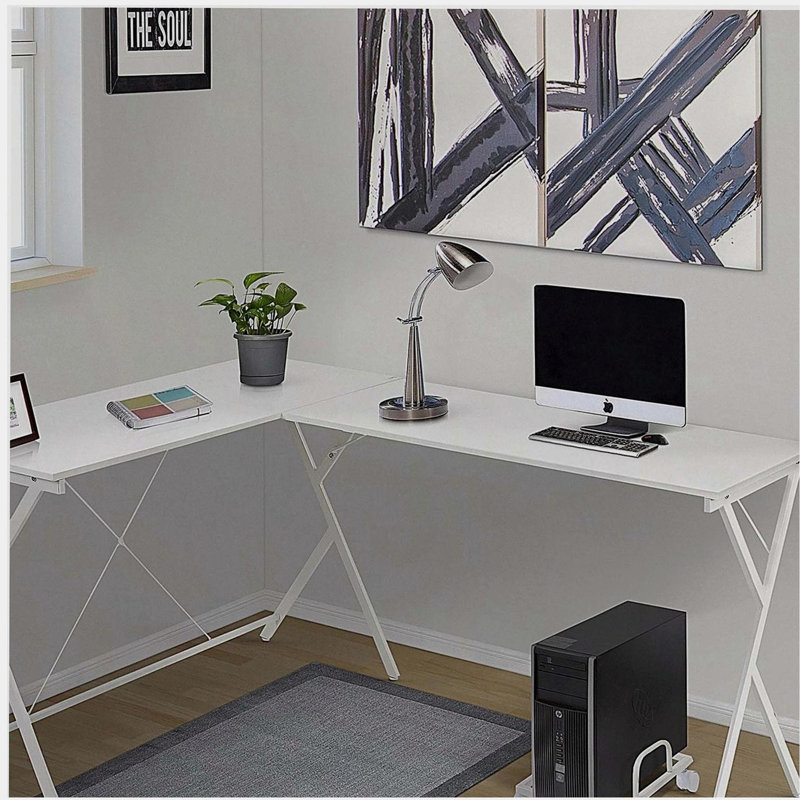 Bureau d'ordinateur en L blanc avec support pour unité centrale, Blanc